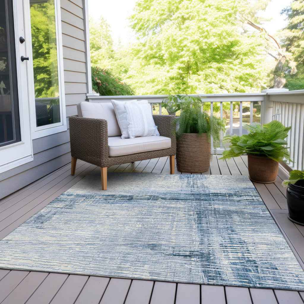 5' X 8' Sky Blue And Ivory Striped Washable Indoor Outdoor Area Rug