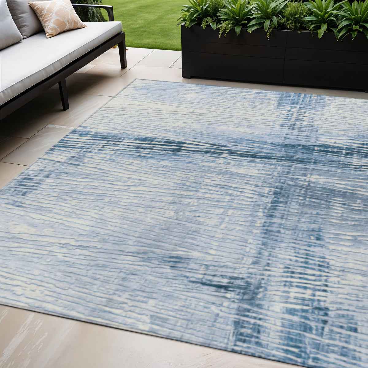 5' X 8' Sky Blue And Ivory Striped Washable Indoor Outdoor Area Rug