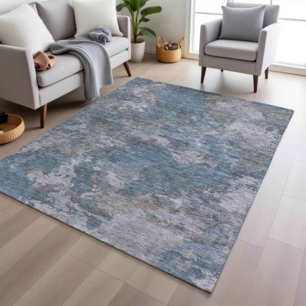 3' X 5' Denim Blue And Gray Abstract Washable Indoor Outdoor Area Rug
