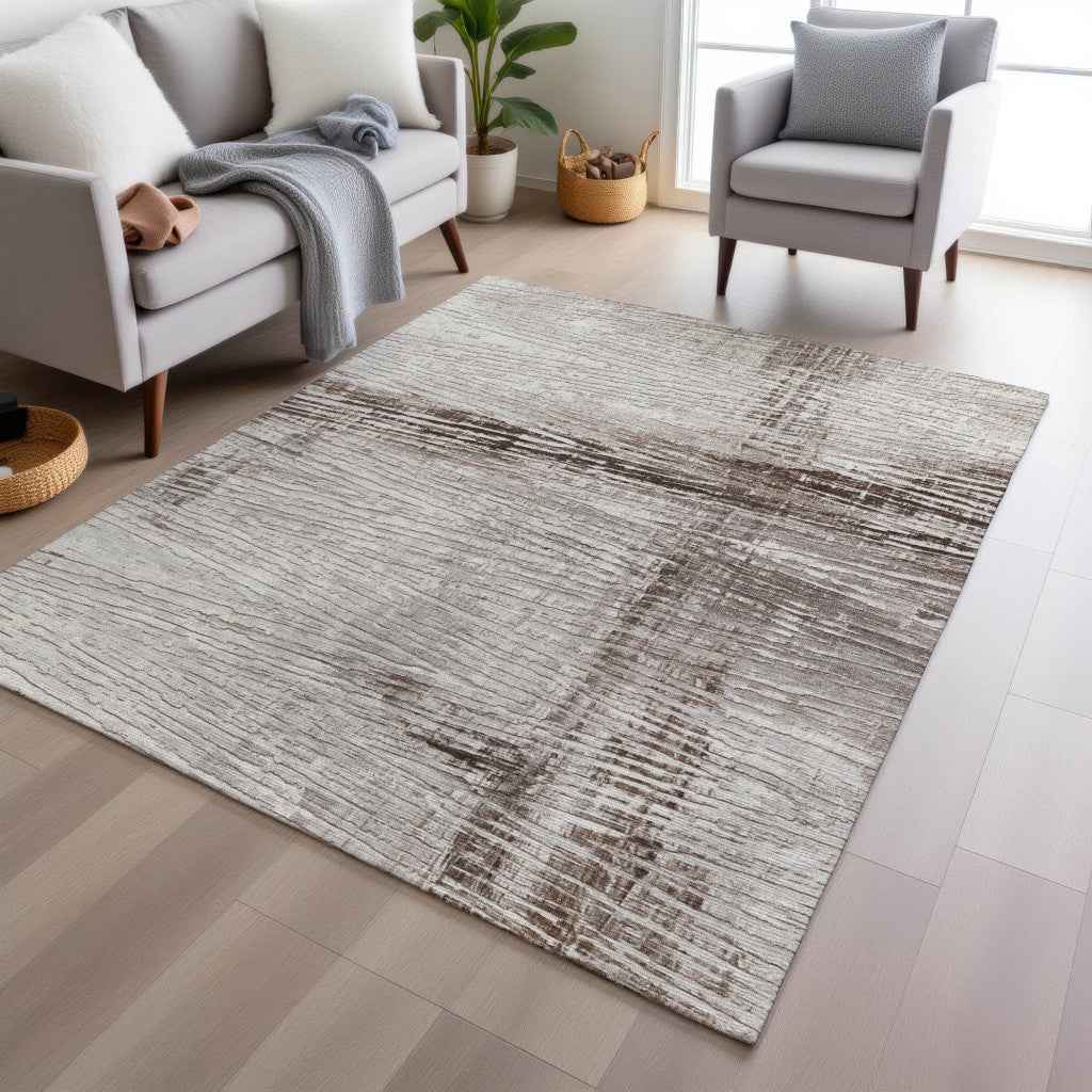 8' X 10' Taupe And Ivory Striped Washable Indoor Outdoor Area Rug