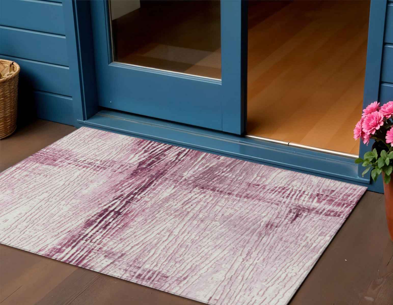 3' X 5' Blush And Ivory Striped Washable Indoor Outdoor Area Rug