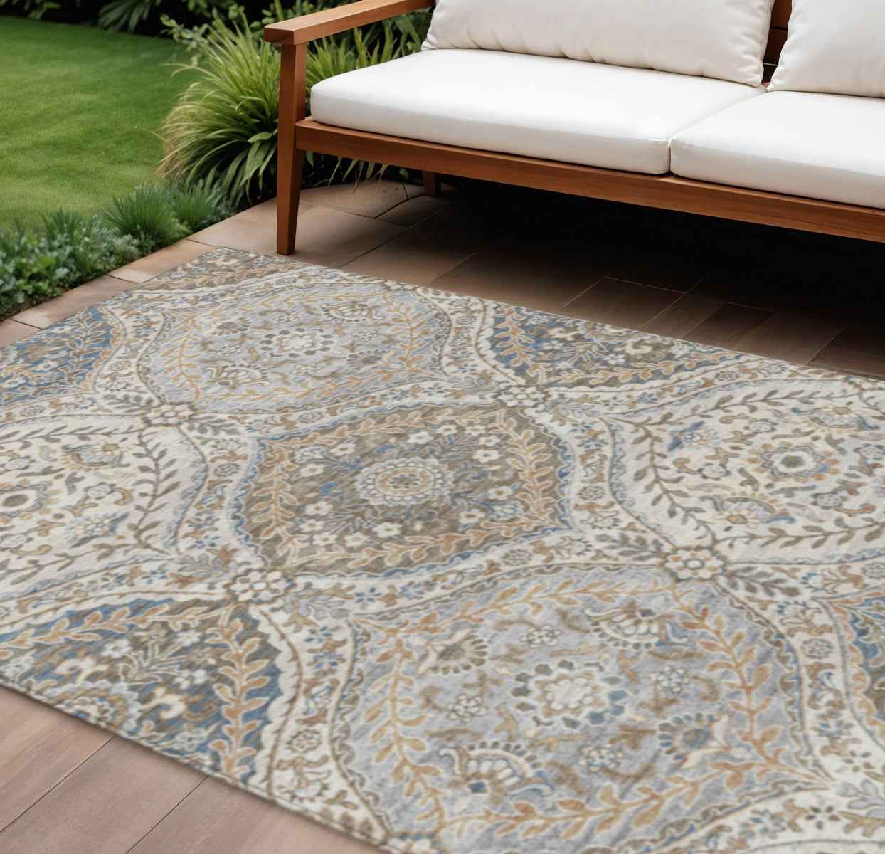 8' X 10' Beige Gold And Denim Blue Floral Washable Indoor Outdoor Area Rug
