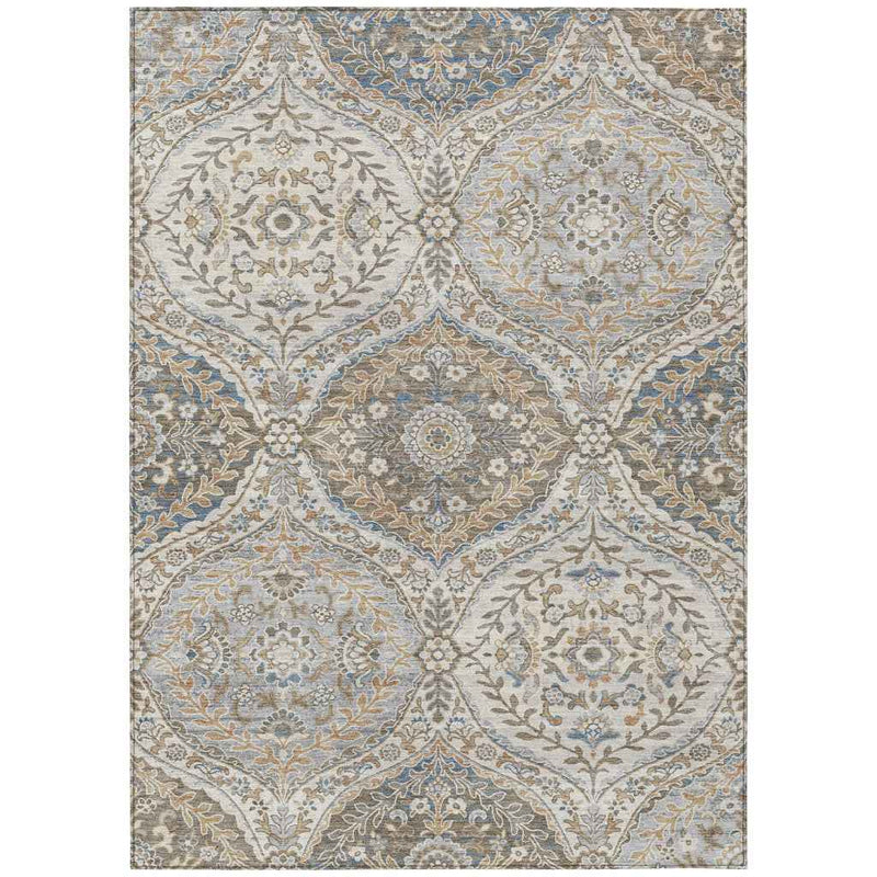 8' X 10' Beige Gold And Denim Blue Floral Washable Indoor Outdoor Area Rug