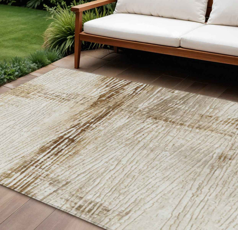 9' X 12' Ivory And Beige Striped Washable Indoor Outdoor Area Rug