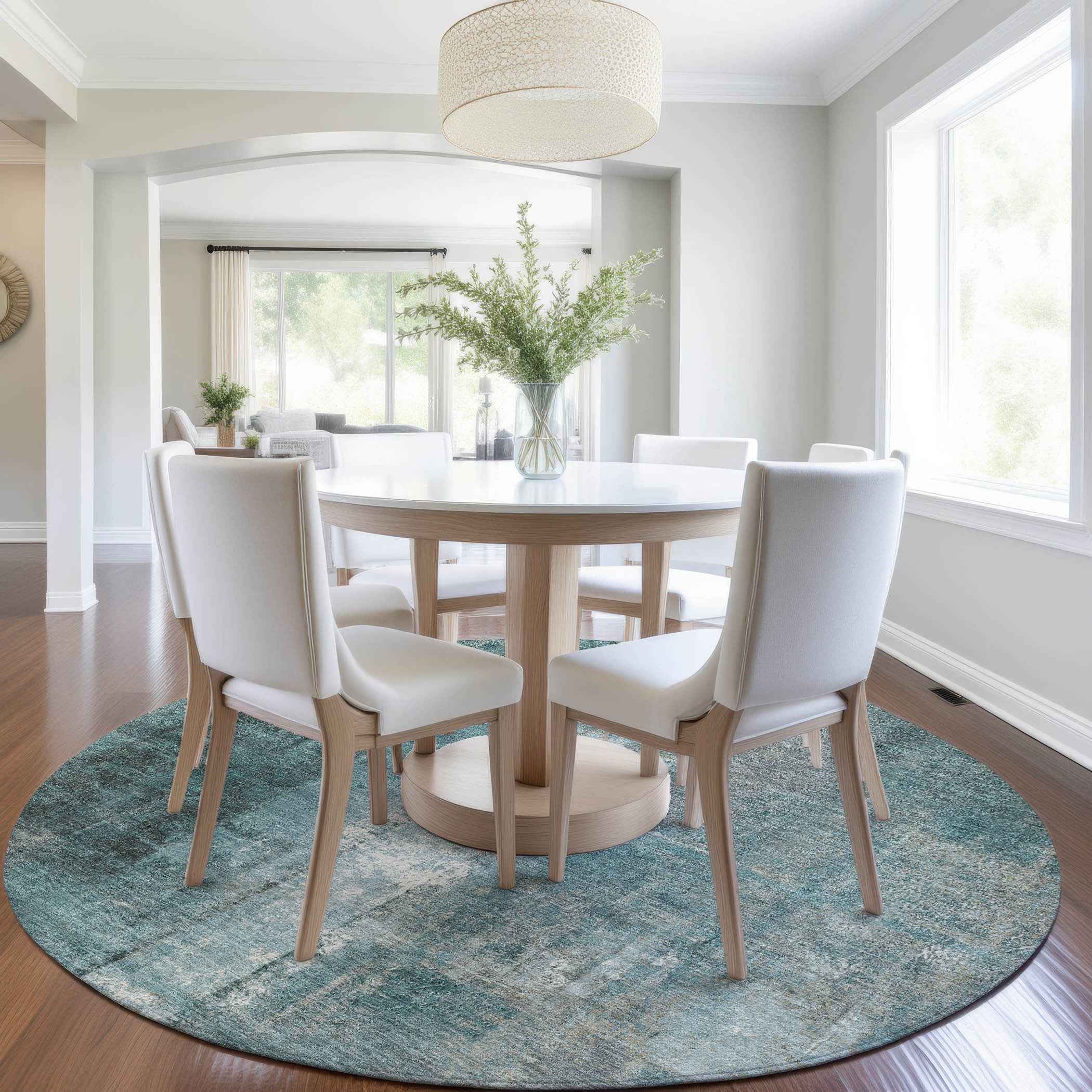 8' Teal Blue And Ivory Round Abstract Washable Indoor Outdoor Area Rug