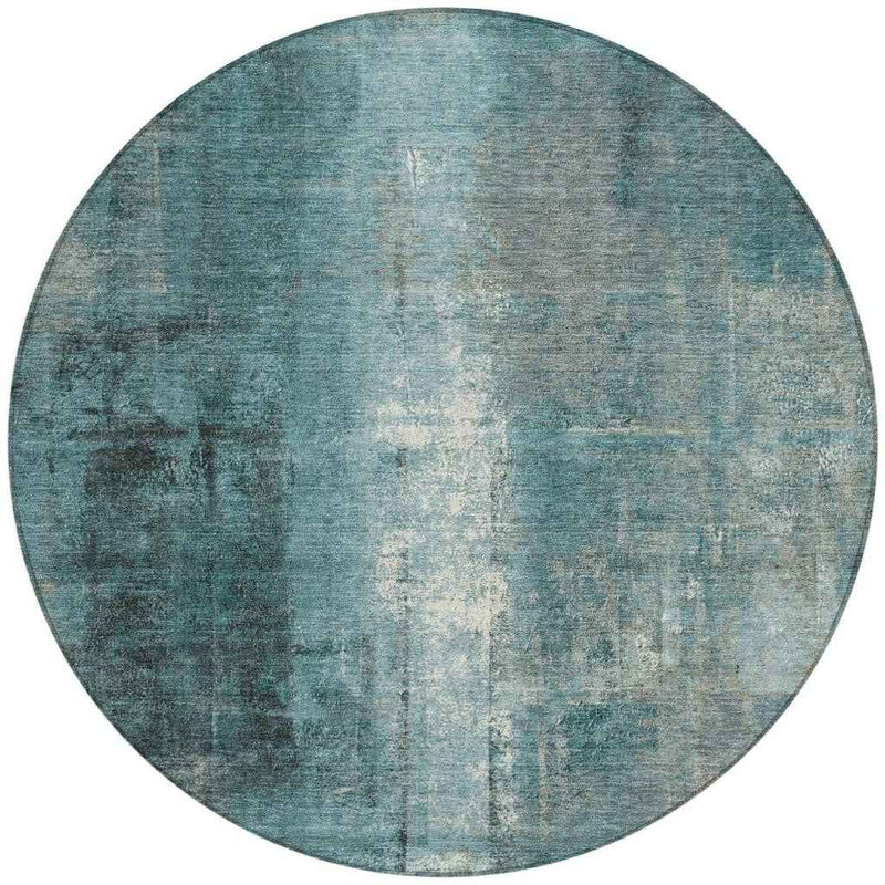 8' Teal Blue And Ivory Round Abstract Washable Indoor Outdoor Area Rug