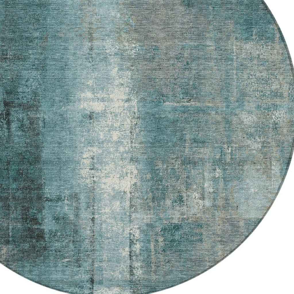 8' Teal Blue And Ivory Round Abstract Washable Indoor Outdoor Area Rug
