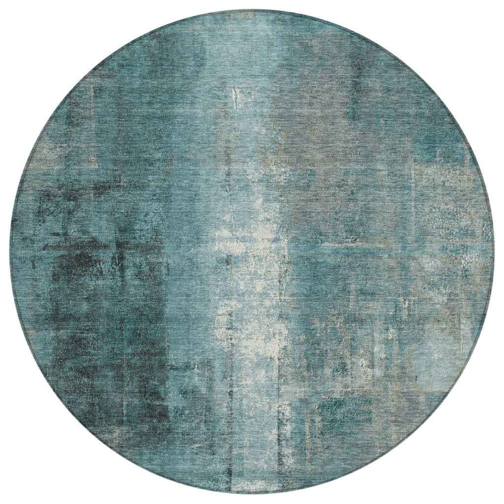 8' Teal Blue And Ivory Round Abstract Washable Indoor Outdoor Area Rug
