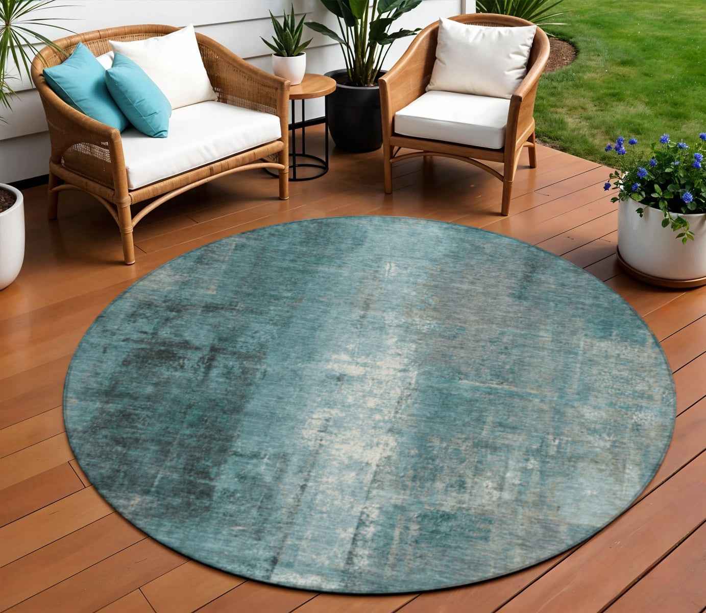 8' Teal Blue And Ivory Round Abstract Washable Indoor Outdoor Area Rug