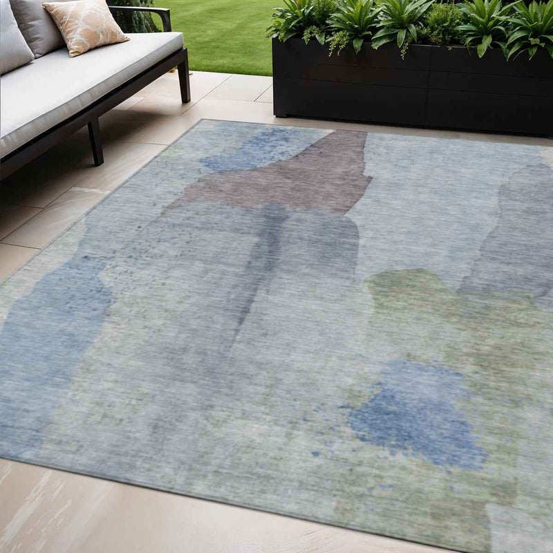5' X 8' Denim Blue And Gray Abstract Washable Indoor Outdoor Area Rug