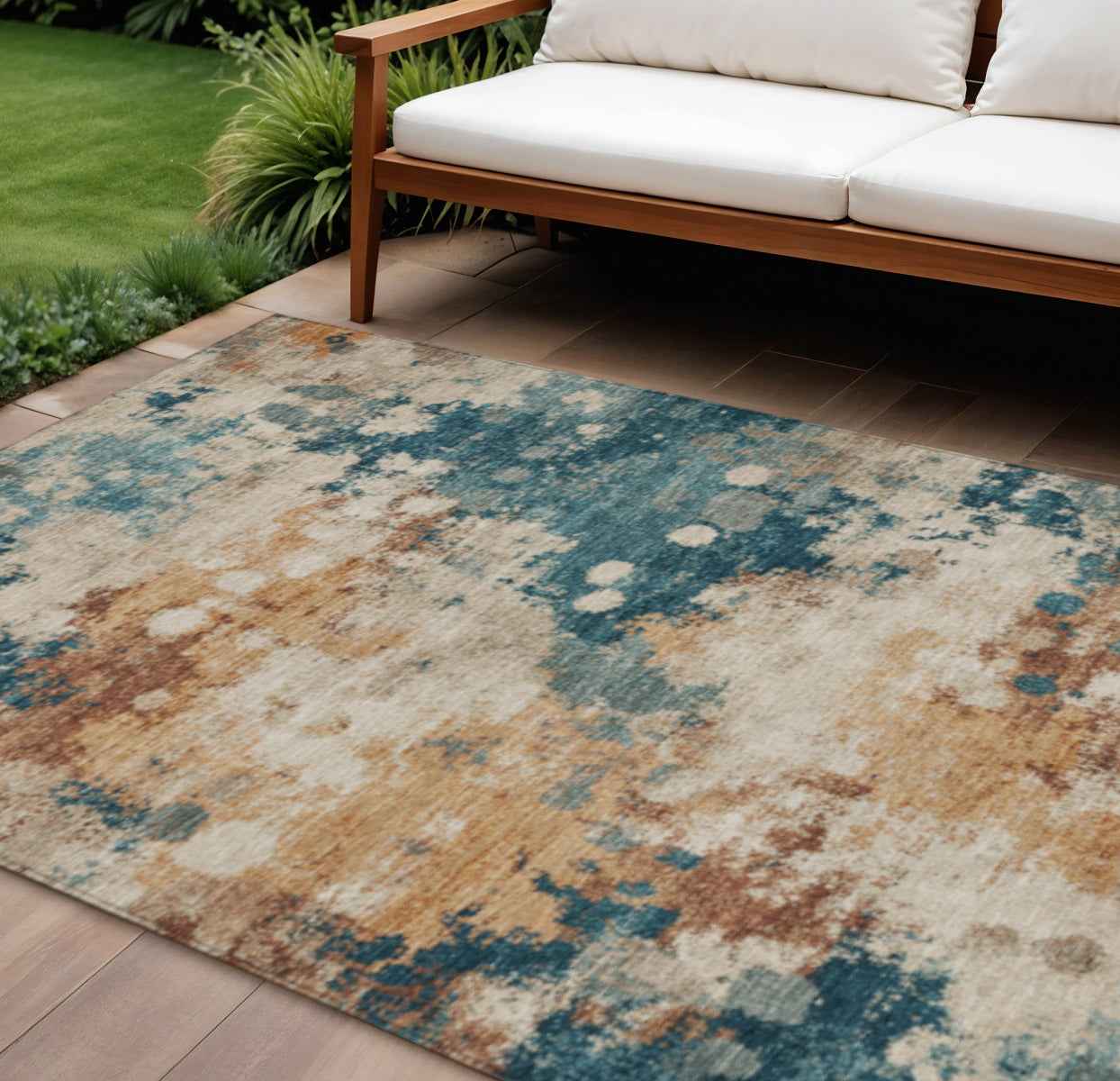10' X 14' Beige And Teal Blue Abstract Washable Indoor Outdoor Area Rug