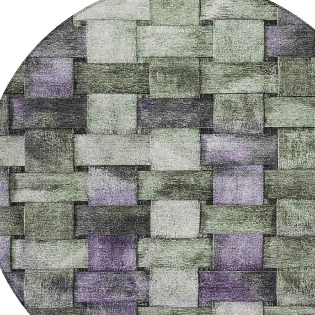 8' Sage And Purple Round Striped Washable Indoor Outdoor Area Rug