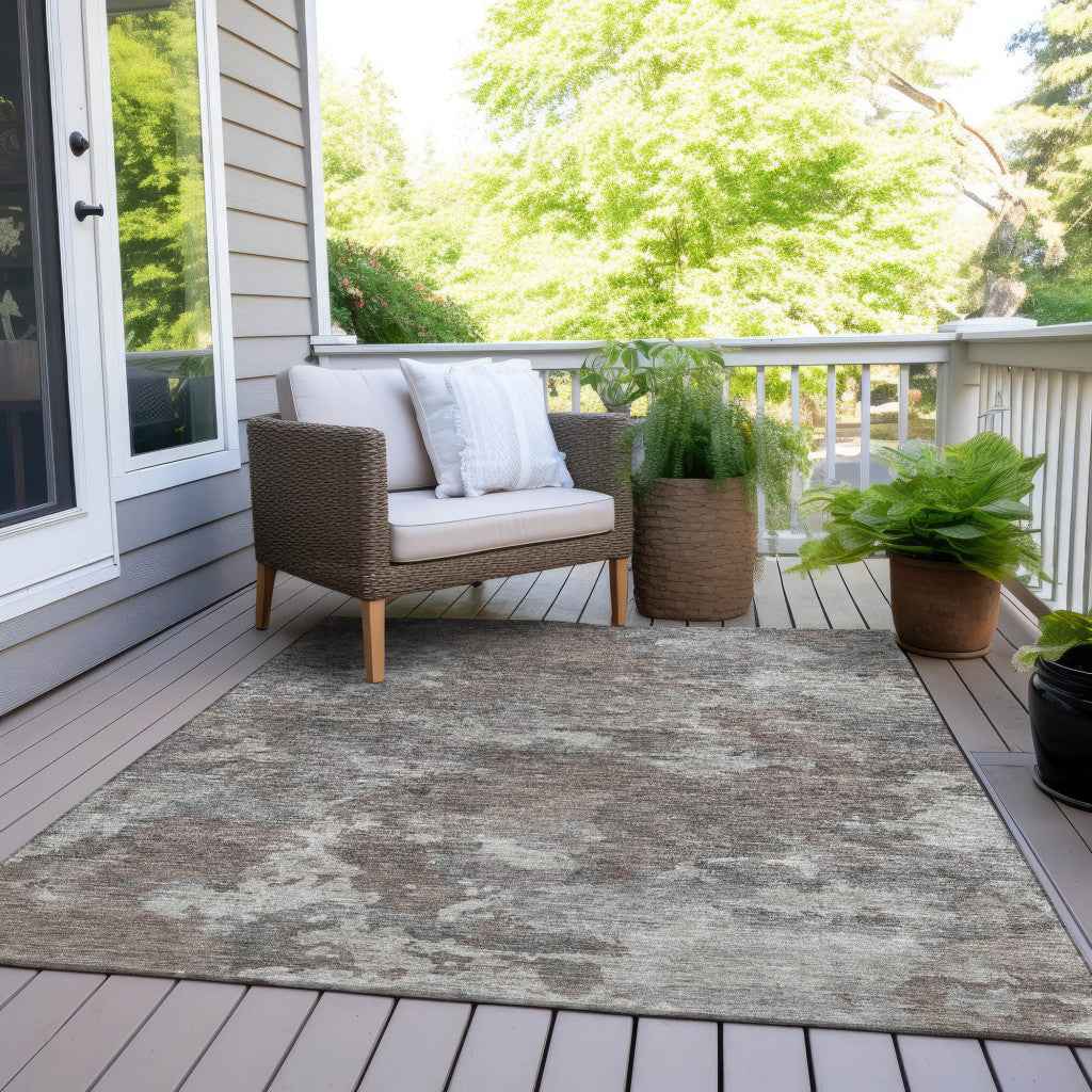 3' X 5' Brown And Ivory Abstract Washable Indoor Outdoor Area Rug