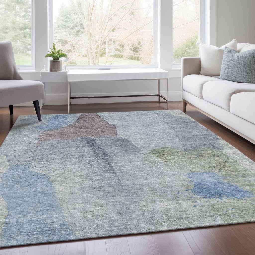 9' X 12' Denim Blue And Gray Abstract Washable Indoor Outdoor Area Rug
