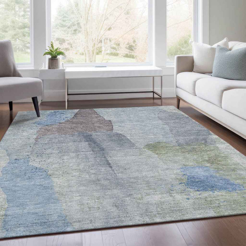 9' X 12' Denim Blue And Gray Abstract Washable Indoor Outdoor Area Rug