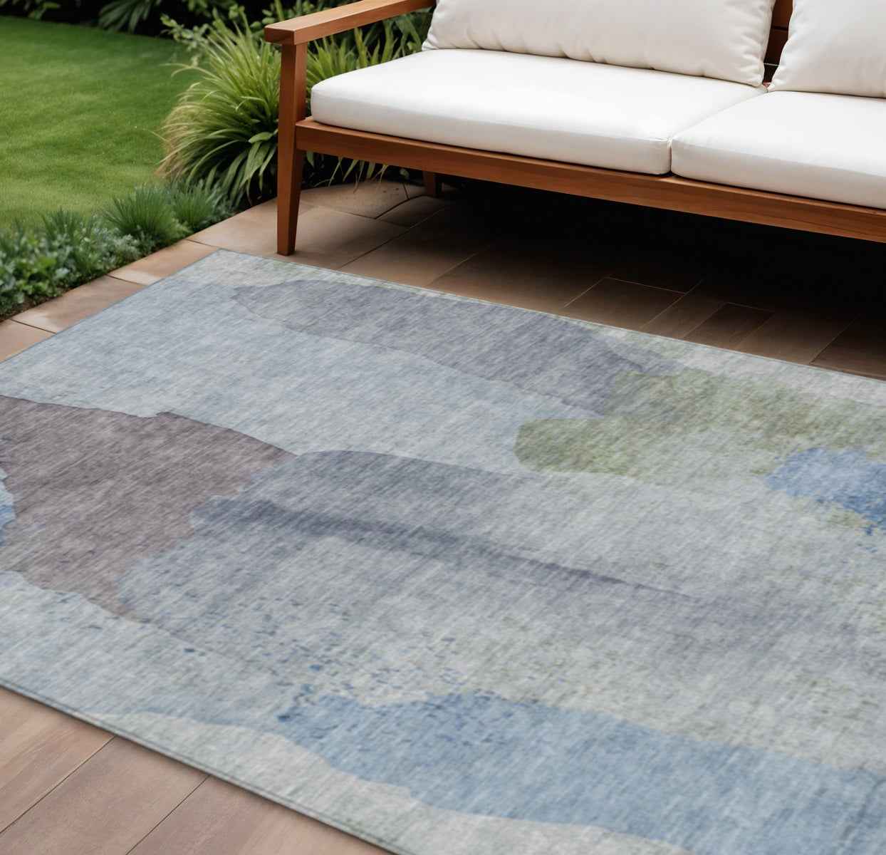 9' X 12' Denim Blue And Gray Abstract Washable Indoor Outdoor Area Rug