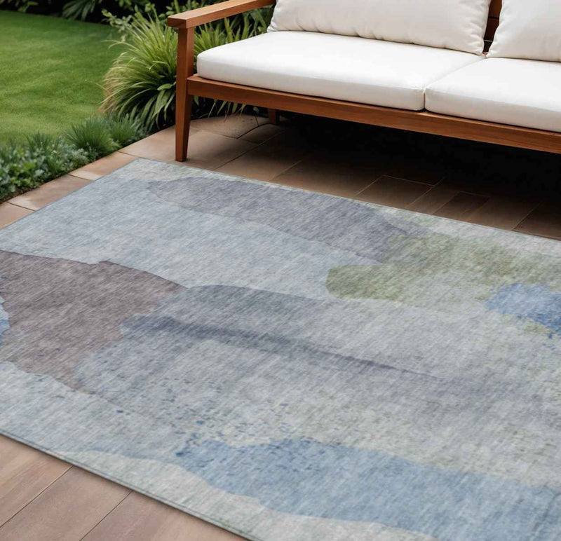 9' X 12' Denim Blue And Gray Abstract Washable Indoor Outdoor Area Rug