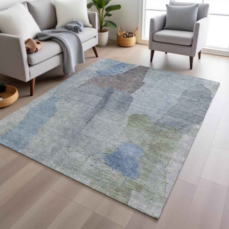 9' X 12' Denim Blue And Gray Abstract Washable Indoor Outdoor Area Rug