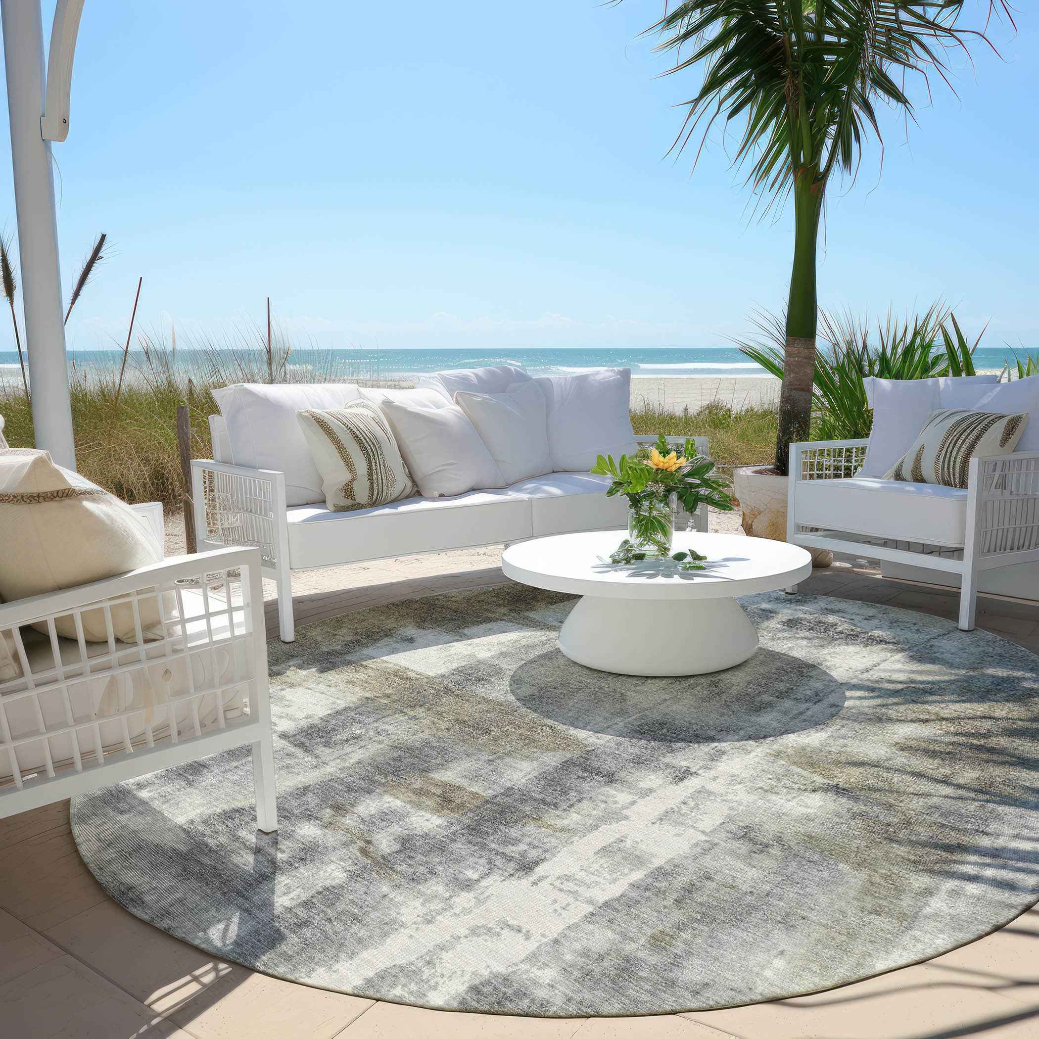 8' Beige And Ivory Round Abstract Washable Indoor Outdoor Area Rug