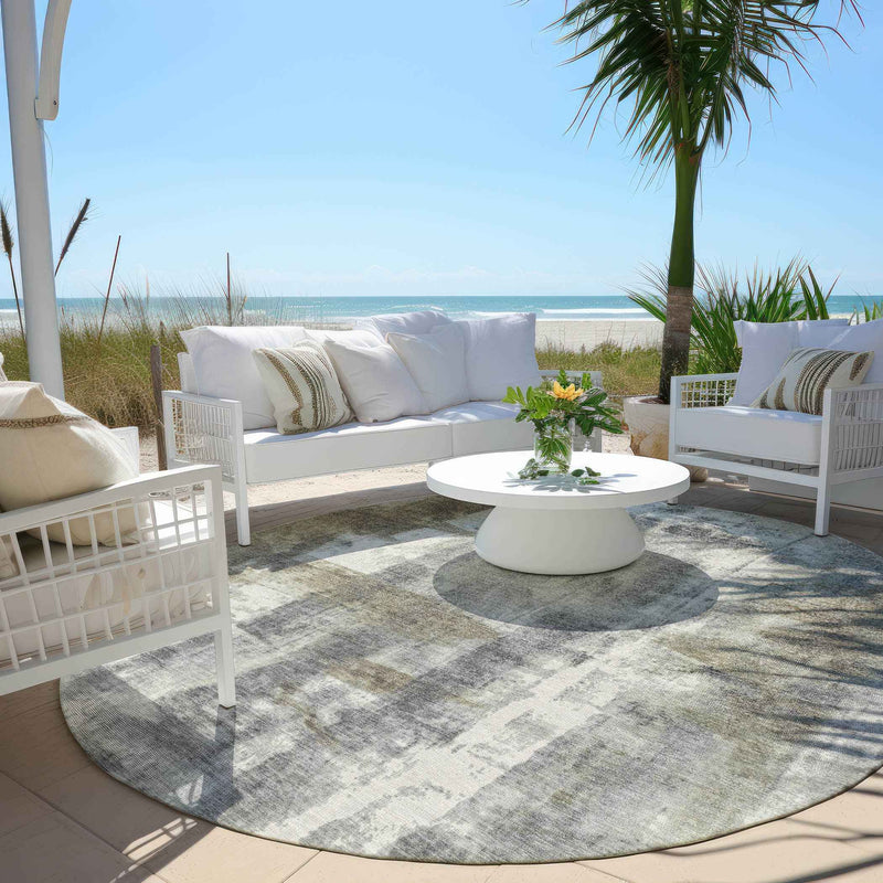 8' Beige And Ivory Round Abstract Washable Indoor Outdoor Area Rug