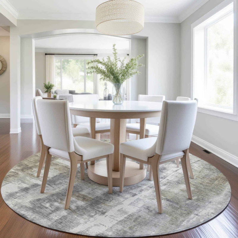 8' Beige And Ivory Round Abstract Washable Indoor Outdoor Area Rug