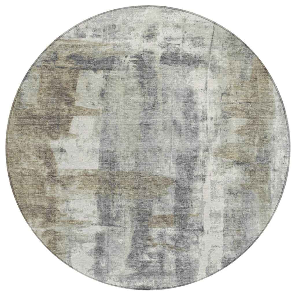8' Beige And Ivory Round Abstract Washable Indoor Outdoor Area Rug