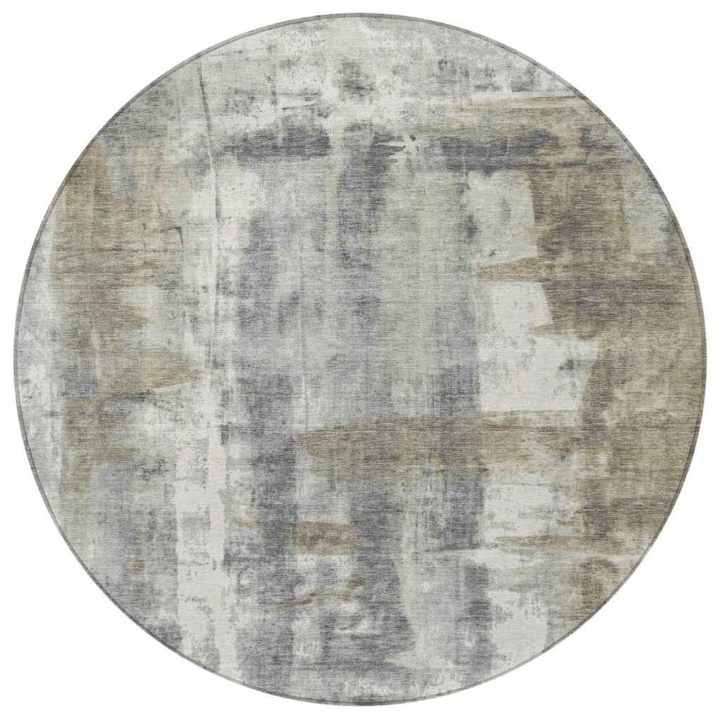 8' Beige And Ivory Round Abstract Washable Indoor Outdoor Area Rug