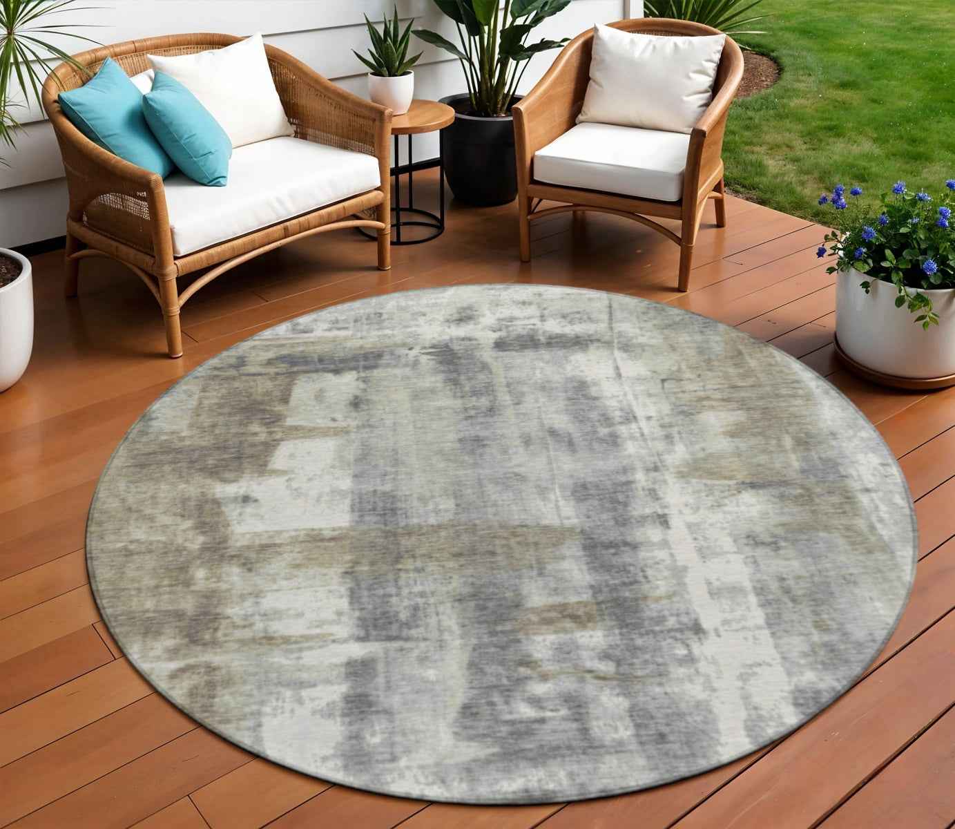8' Beige And Ivory Round Abstract Washable Indoor Outdoor Area Rug