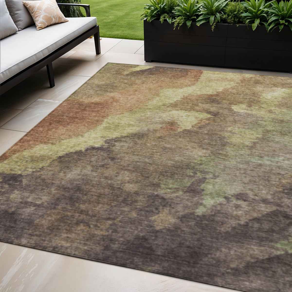5' X 8' Brown And Fern Green Abstract Washable Indoor Outdoor Area Rug