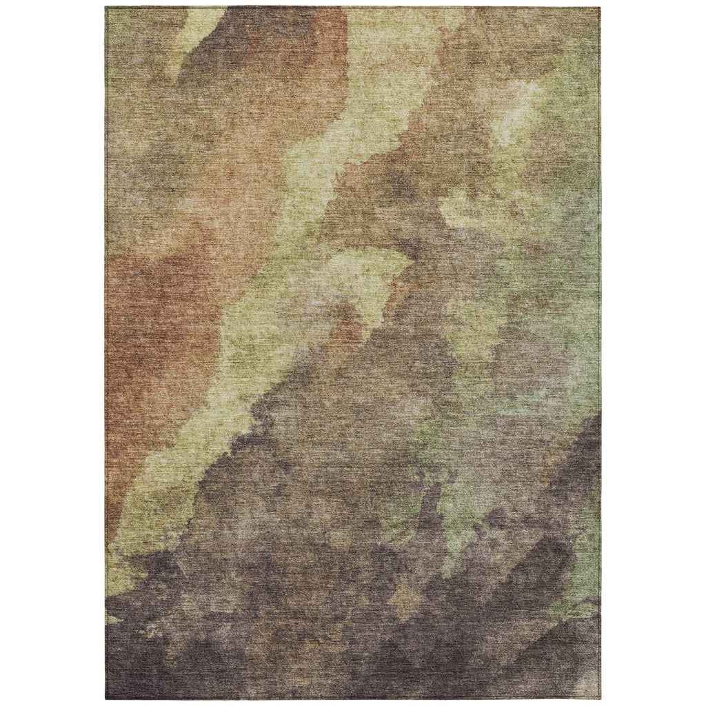 5' X 8' Brown And Fern Green Abstract Washable Indoor Outdoor Area Rug