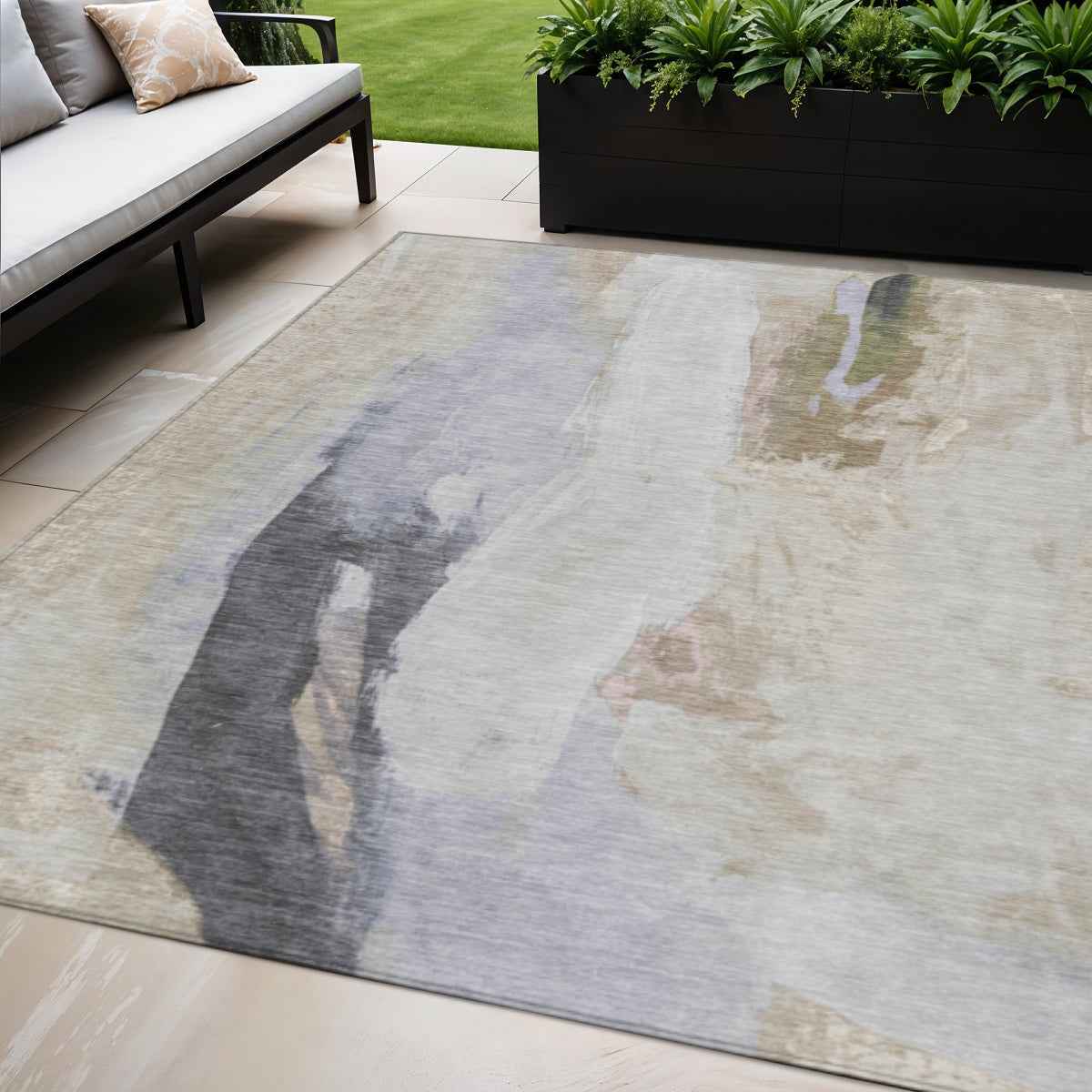 5' X 8' Ivory And Charcoal Abstract Washable Indoor Outdoor Area Rug