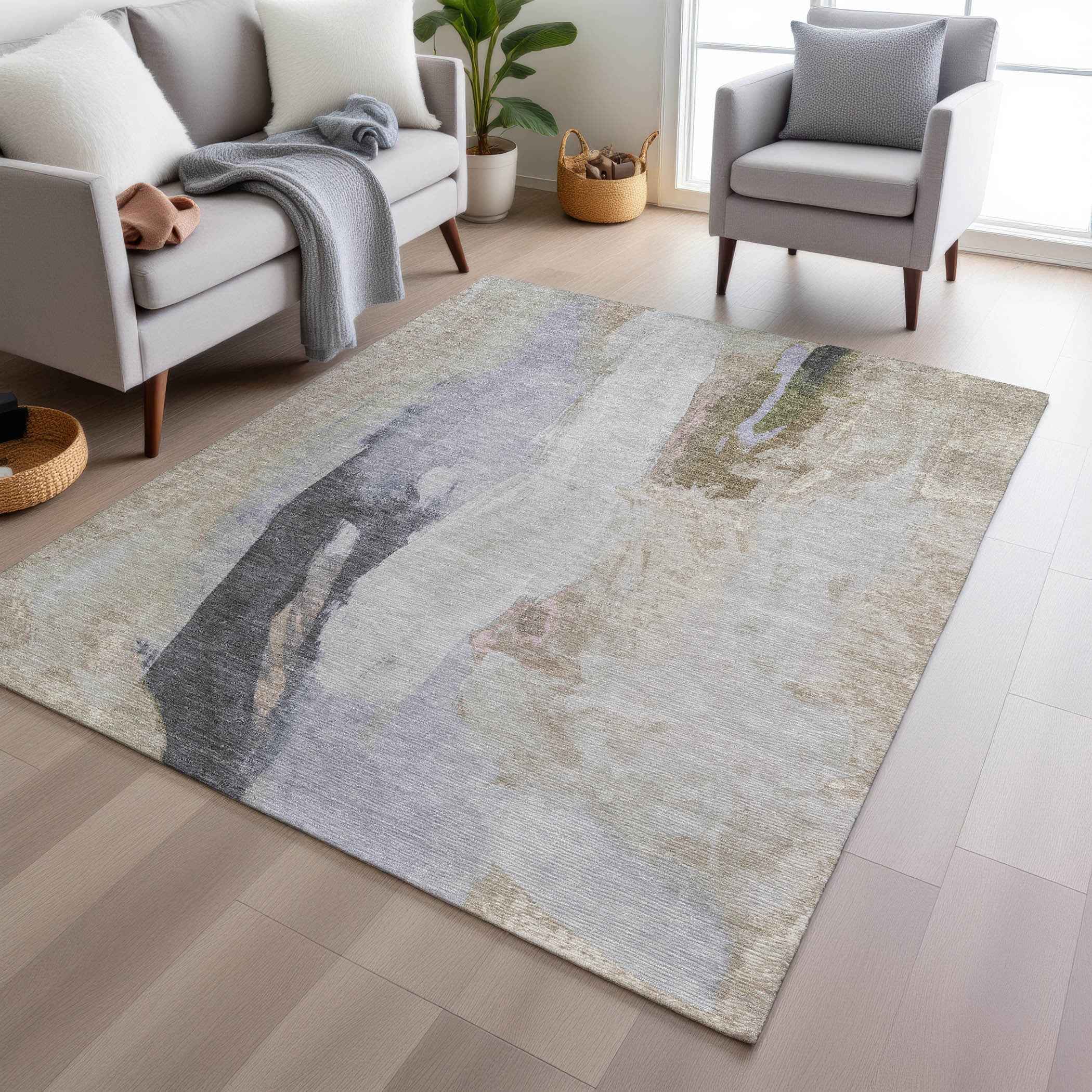 5' X 8' Ivory And Charcoal Abstract Washable Indoor Outdoor Area Rug