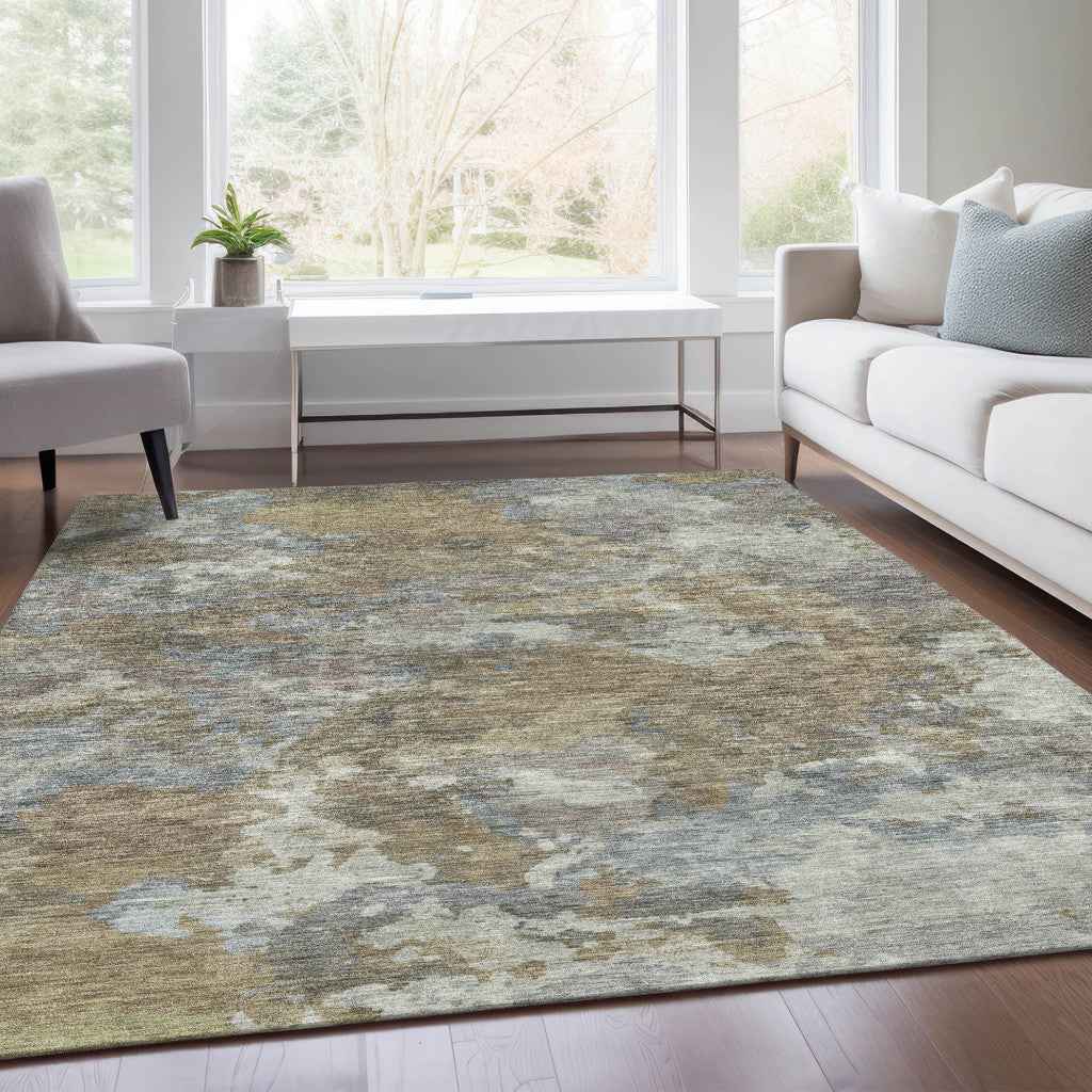 3' X 5' Gold And Ivory Abstract Washable Indoor Outdoor Area Rug