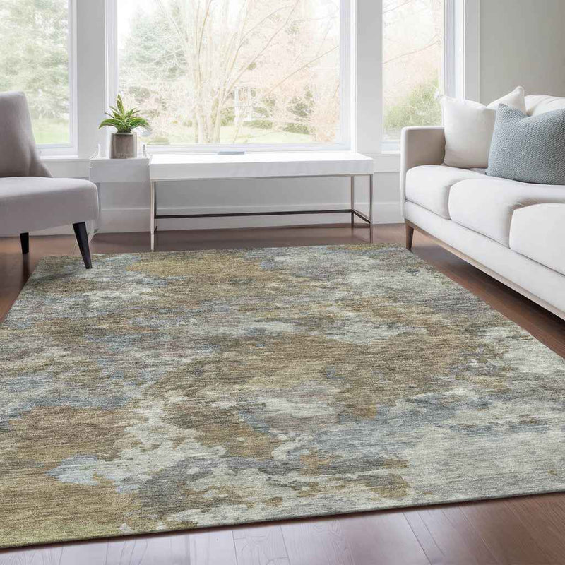 3' X 5' Gold And Ivory Abstract Washable Indoor Outdoor Area Rug