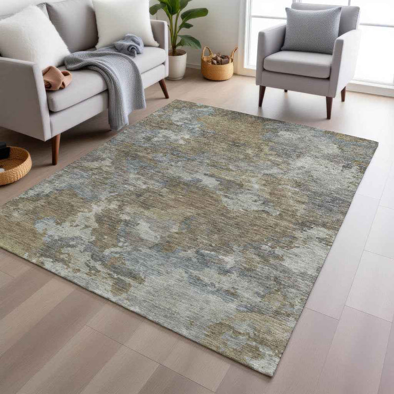 3' X 5' Gold And Ivory Abstract Washable Indoor Outdoor Area Rug