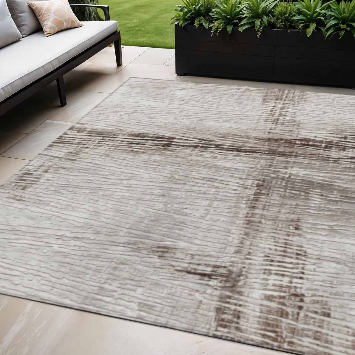 5' X 8' Taupe And Ivory Striped Washable Indoor Outdoor Area Rug