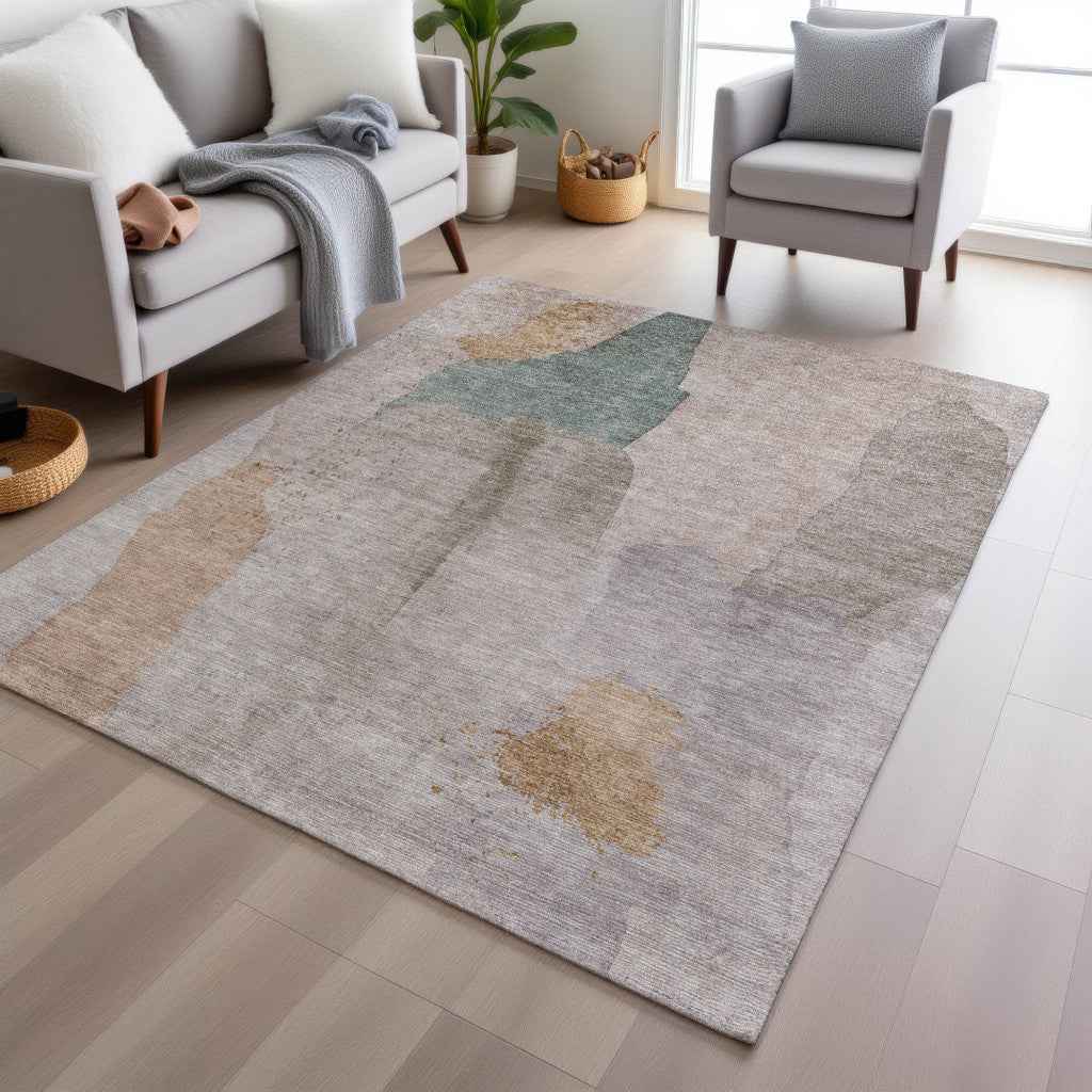 10' X 14' Copper And Pale Aqua Abstract Washable Indoor Outdoor Area Rug