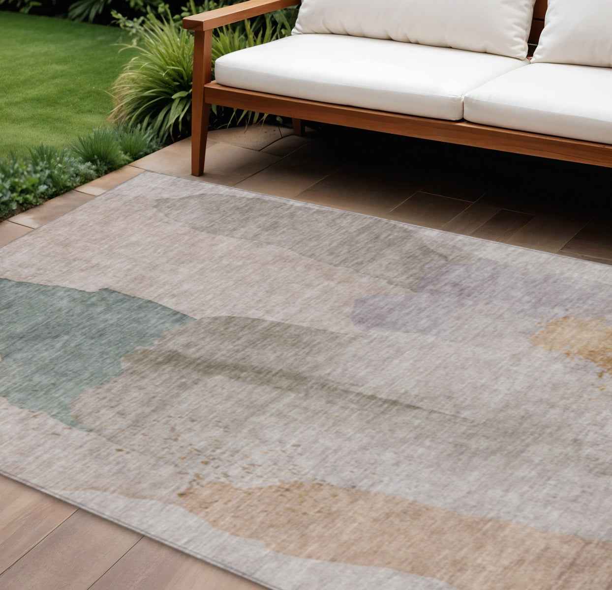 10' X 14' Copper And Pale Aqua Abstract Washable Indoor Outdoor Area Rug