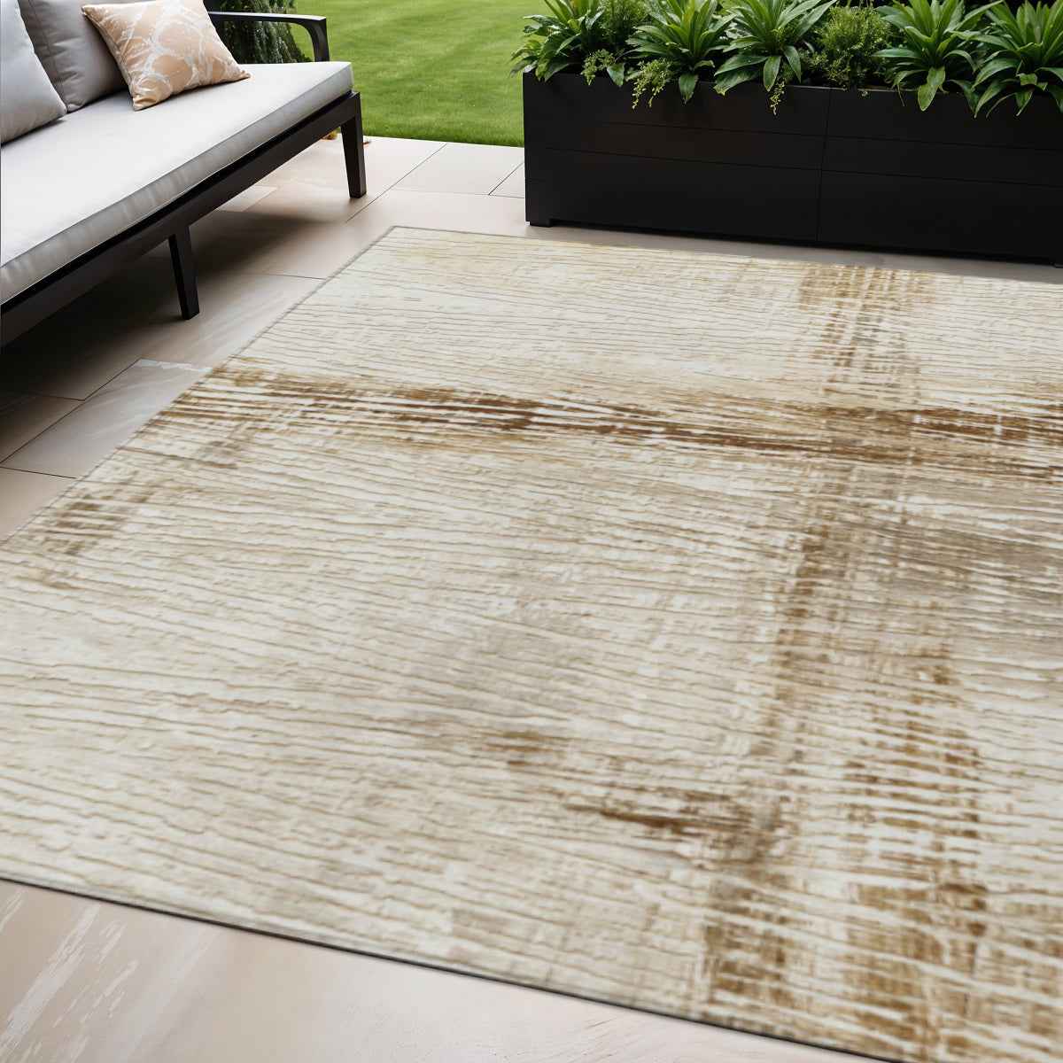 5' X 8' Ivory And Beige Striped Washable Indoor Outdoor Area Rug