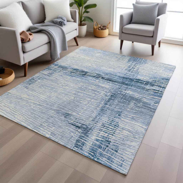 8' X 10' Sky Blue And Ivory Striped Washable Indoor Outdoor Area Rug