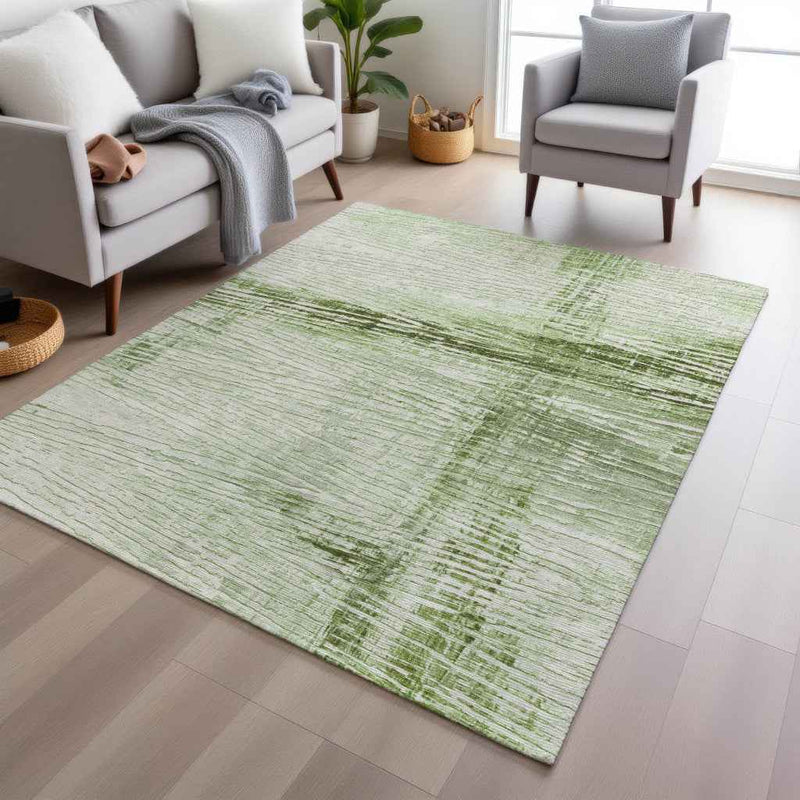 3' X 5' Artichoke Green And Ivory Striped Washable Indoor Outdoor Area Rug