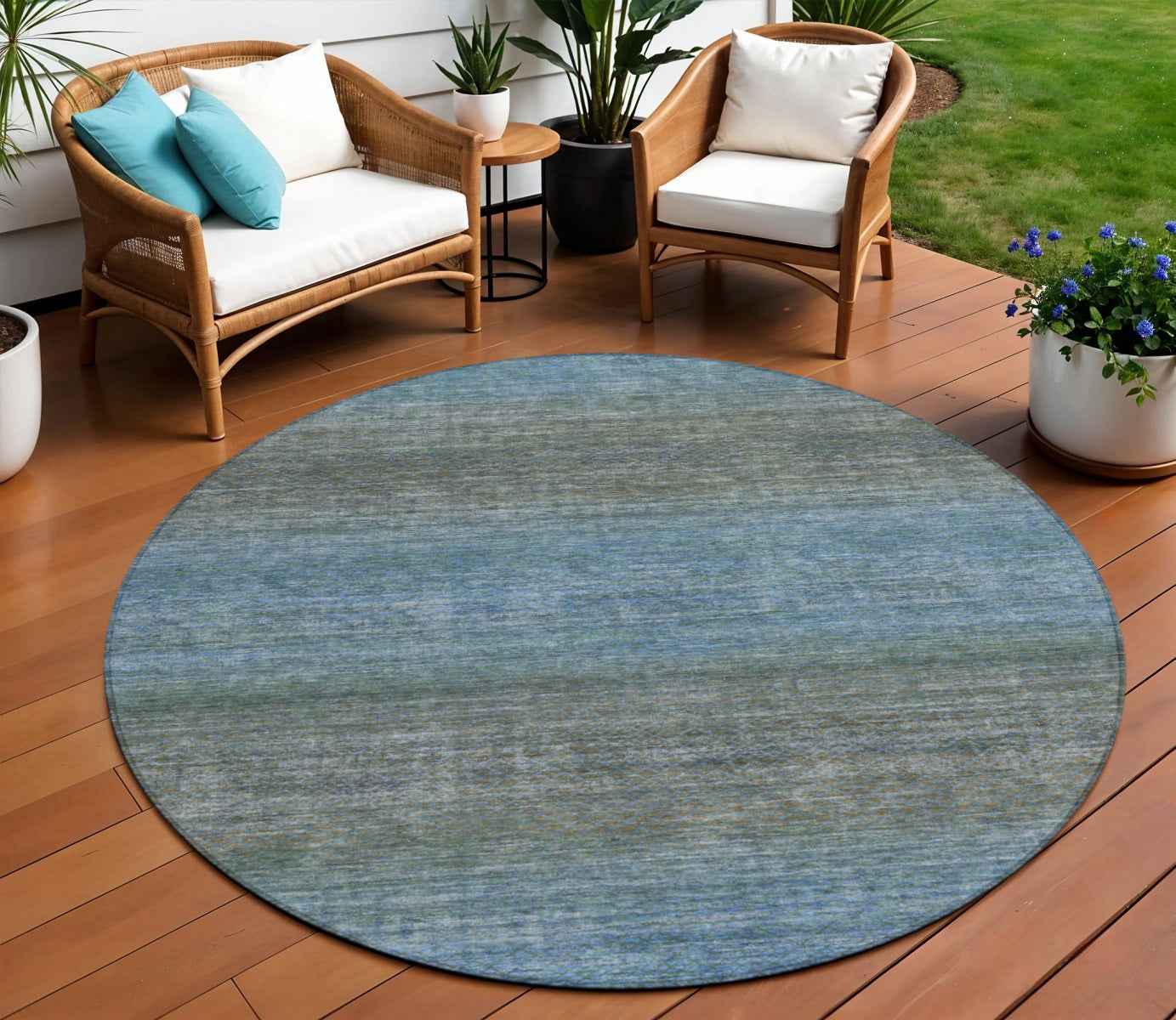 8' Blue And Taupe Round Geometric Washable Indoor Outdoor Area Rug Default Title