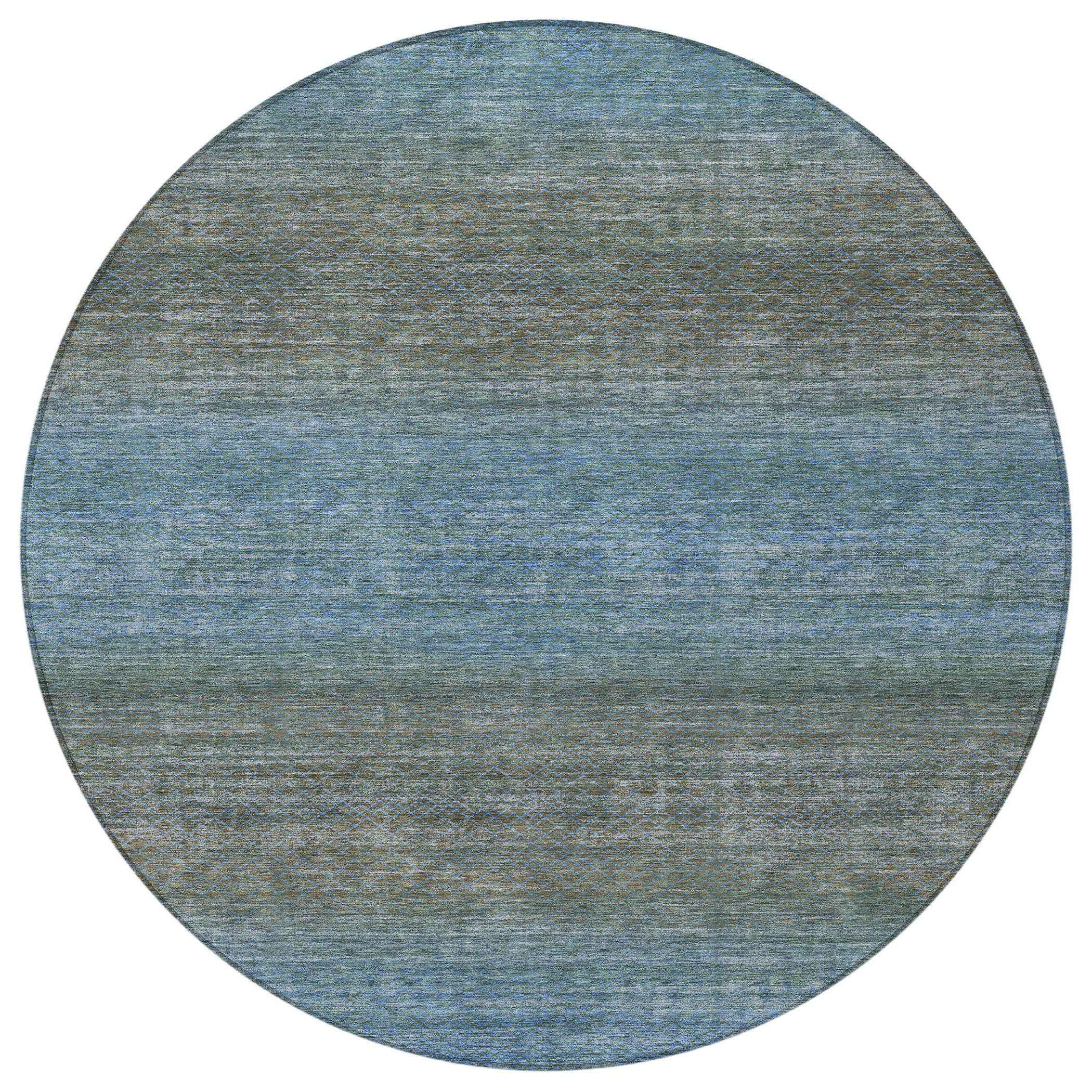 8' Blue And Taupe Round Geometric Washable Indoor Outdoor Area Rug