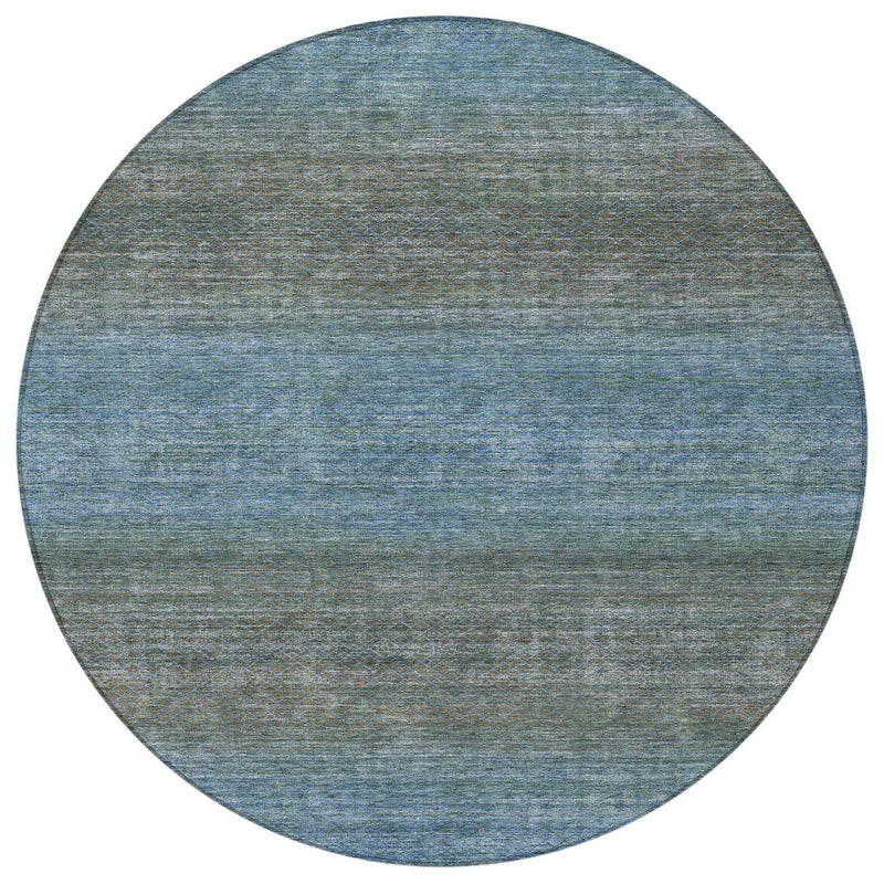 8' Blue And Taupe Round Geometric Washable Indoor Outdoor Area Rug