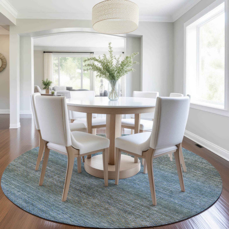 8' Blue And Taupe Round Geometric Washable Indoor Outdoor Area Rug