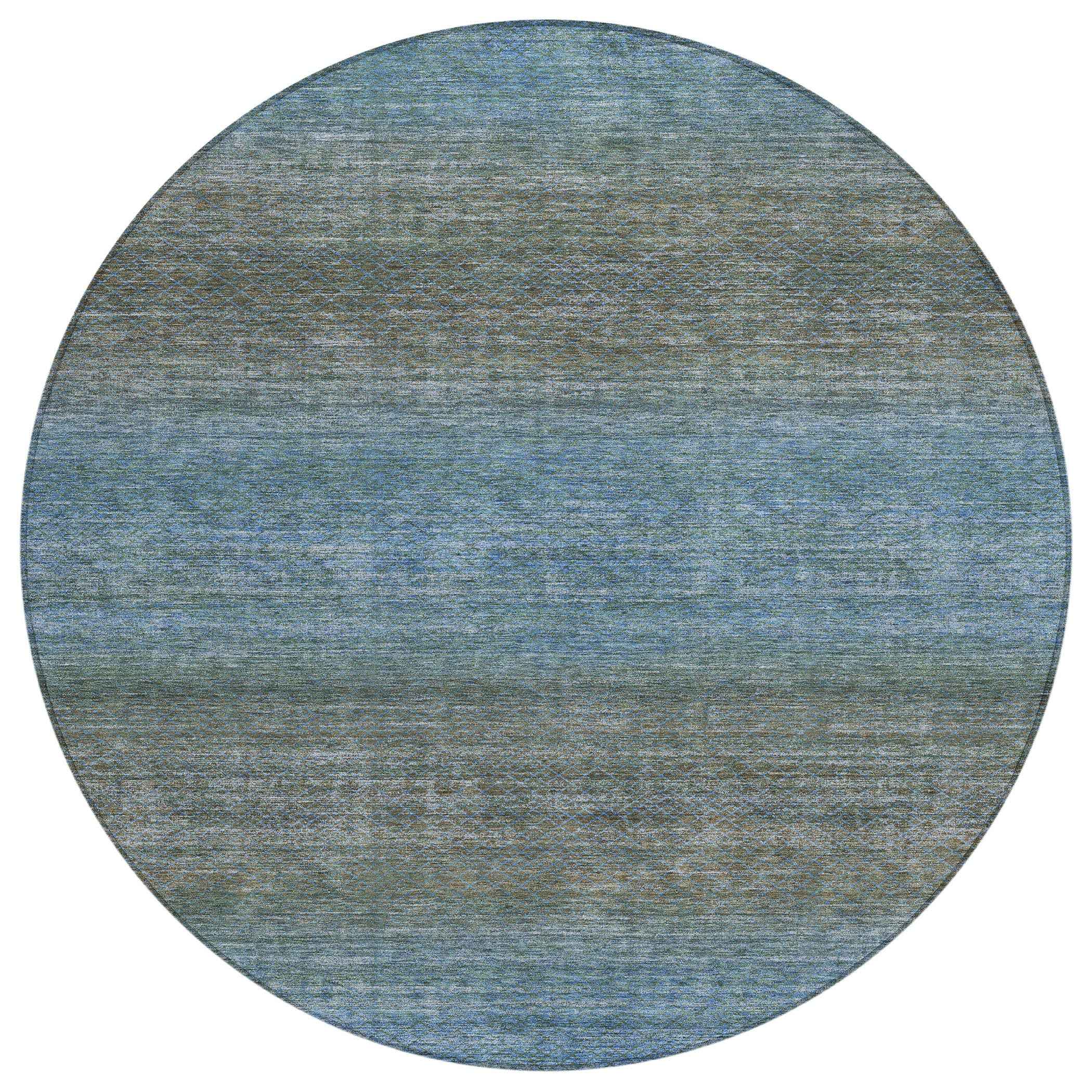 8' Blue And Taupe Round Geometric Washable Indoor Outdoor Area Rug