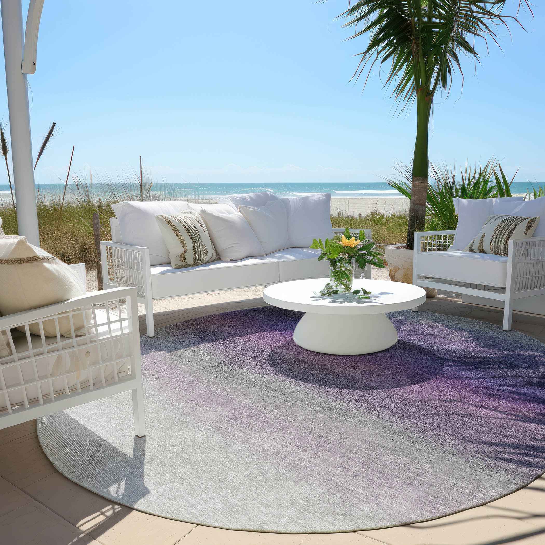 8' Lavender And Gray Round Ombre Washable Indoor Outdoor Area Rug