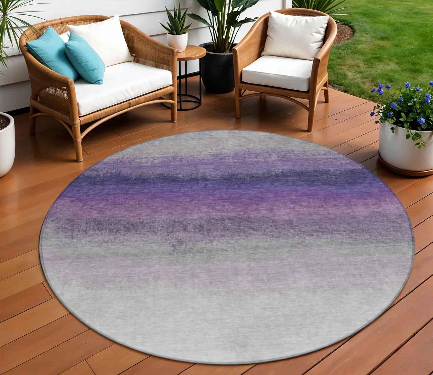 8' Lavender And Gray Round Ombre Washable Indoor Outdoor Area Rug