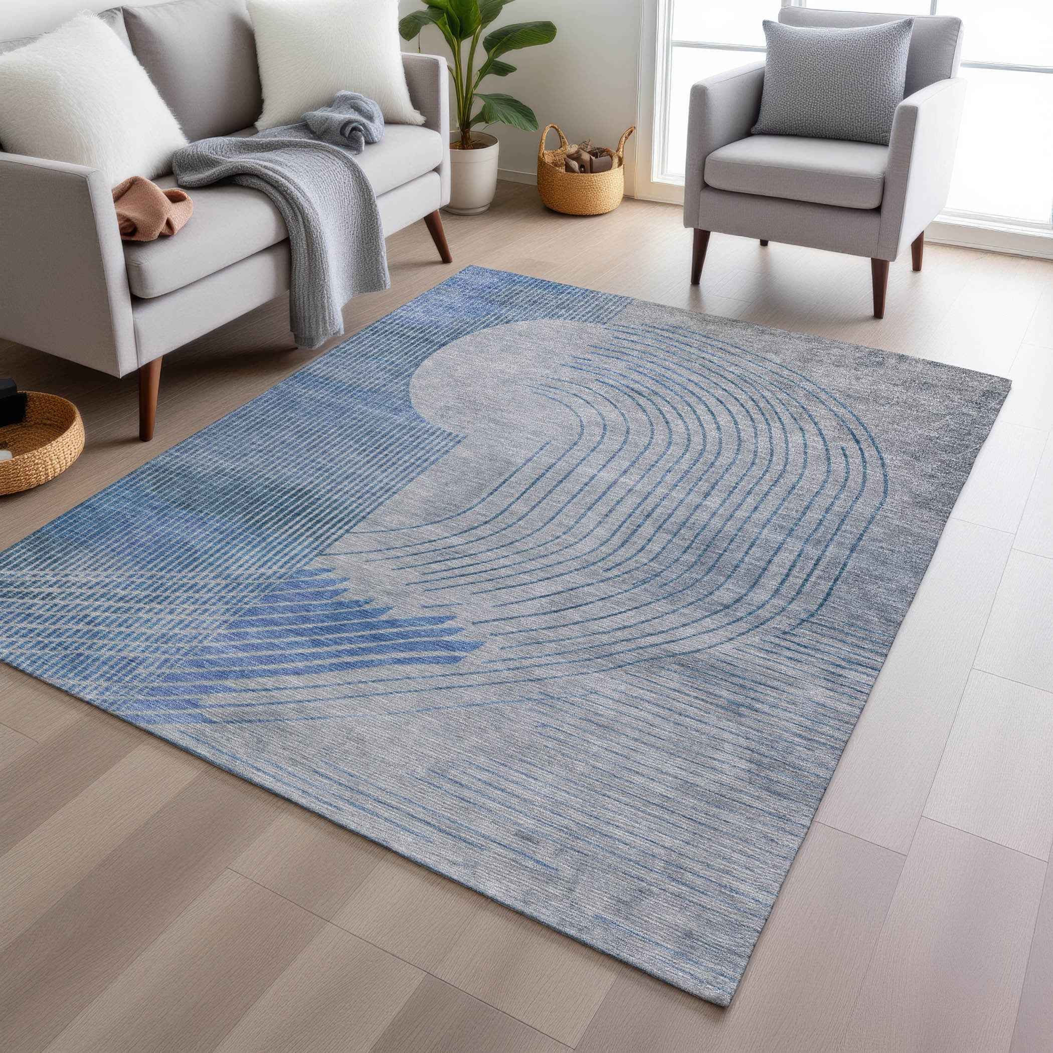 10' X 14' Blue And Gray Geometric Washable Indoor Outdoor Area Rug