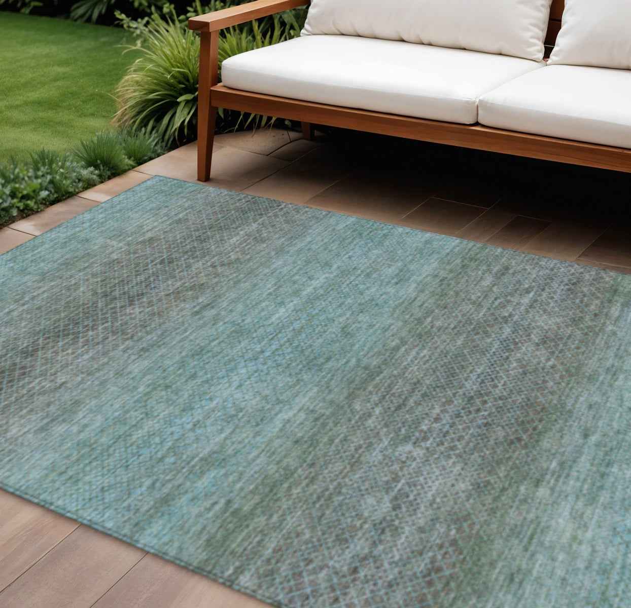 9' X 12' Teal Blue And Brown Geometric Washable Indoor Outdoor Area Rug